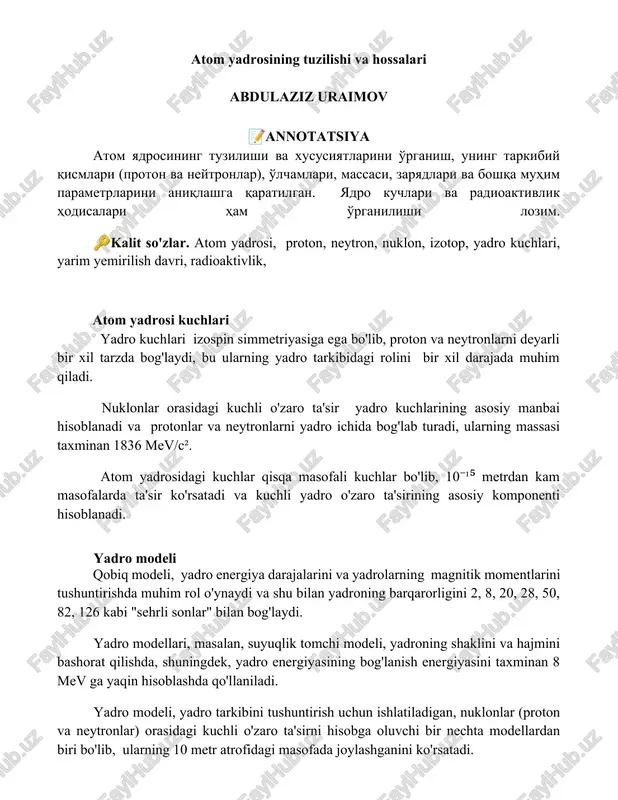 atom yadrosining tuzilishi va hossalari — DOCX