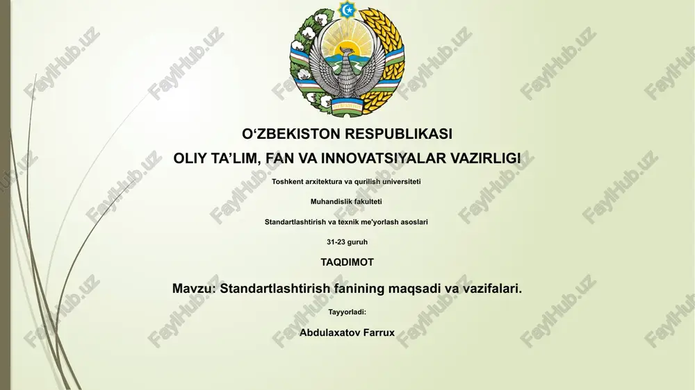 standartlashtirish fanining maqsadi va vazifalari — PPTX