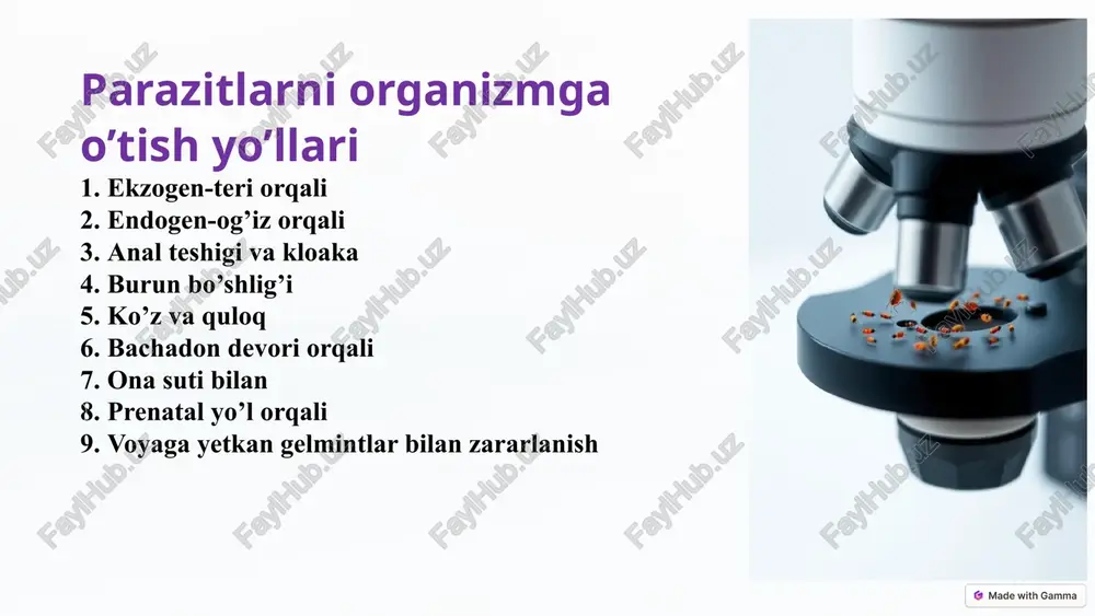 parazitlarni organizmga o’tish yo’llari — PPTX