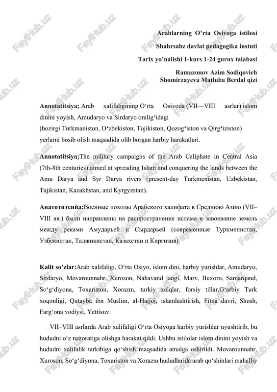 arablarning o’rta osiyoga istilosi — DOCX