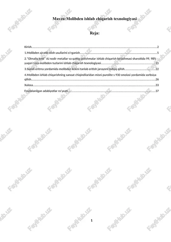 molibden ishlab chiqarish texnologiyasi — DOCX