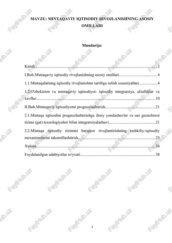 mintaqaviy iqtisodiy rivojlanishning asosiy omillari — DOCX