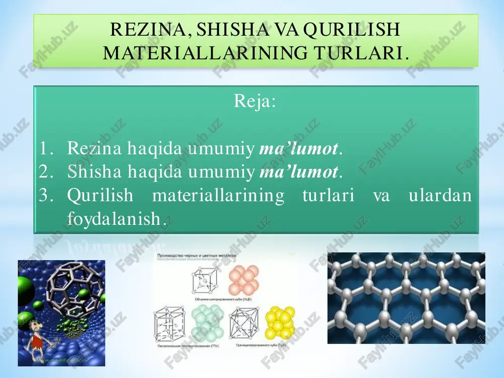 rezina, shisha va qurilish materiallarining turlari — PDF