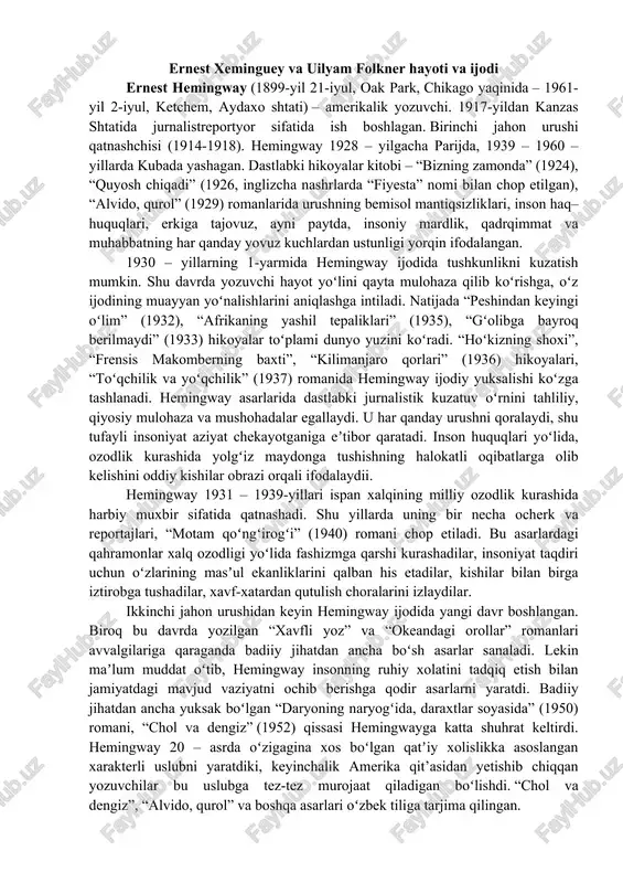 ernest xeminguey va uilyam folkner hayoti va ijodi — DOCX