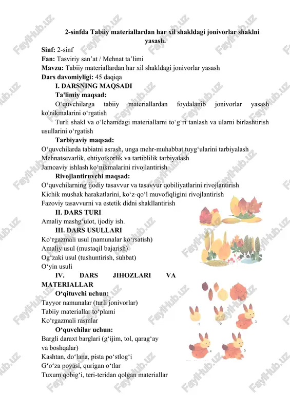 2-sinfda tabiiy materiallardan har xil shakldagi jonivorlar shaklni yasash. — DOCX
