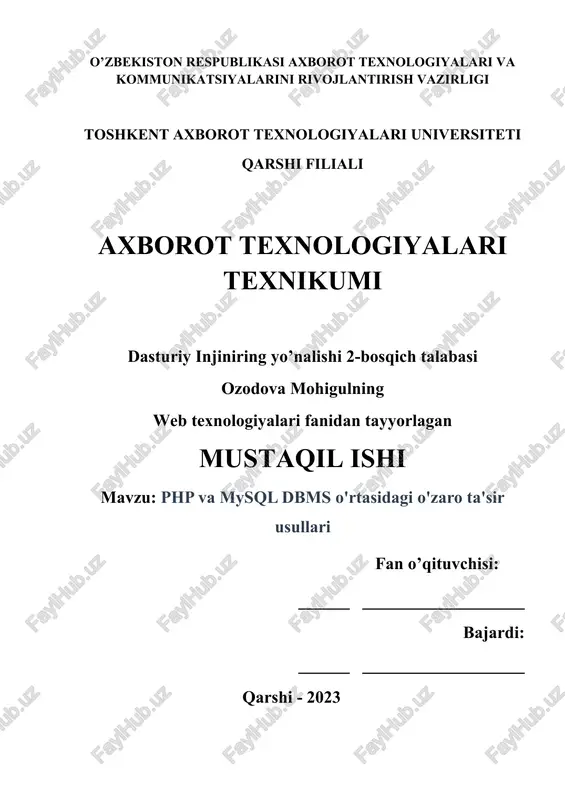 php va mysql dbms o'rtasidagi o'zaro ta'sir usullari — DOCX