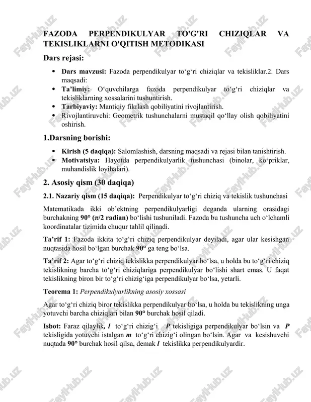 fazoda perpendikulyar to'g'ri chiziqlar va tekisliklarni o'qitish metodikasi — DOCX