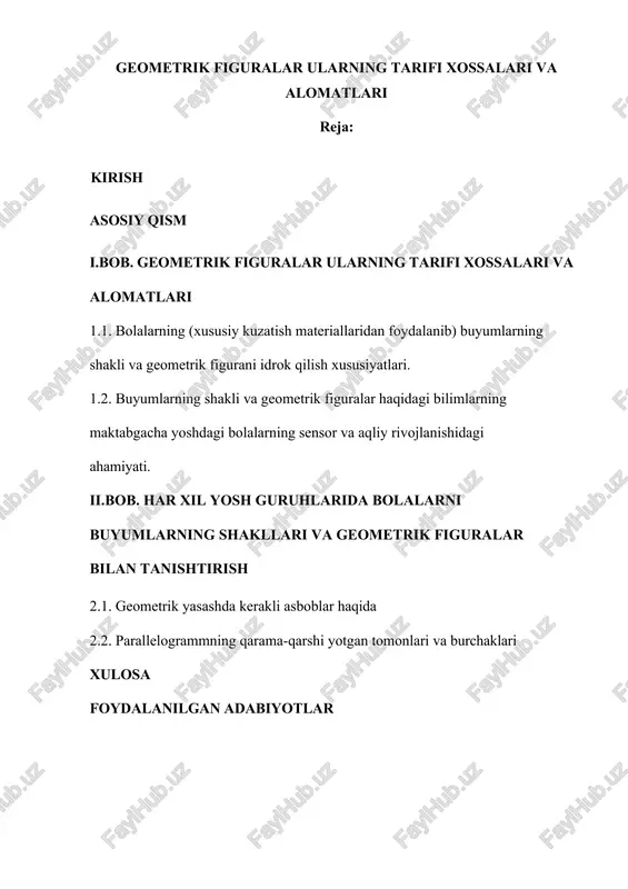 geometrik figuralar ularning tarifi xossalari va alomatlari — DOCX