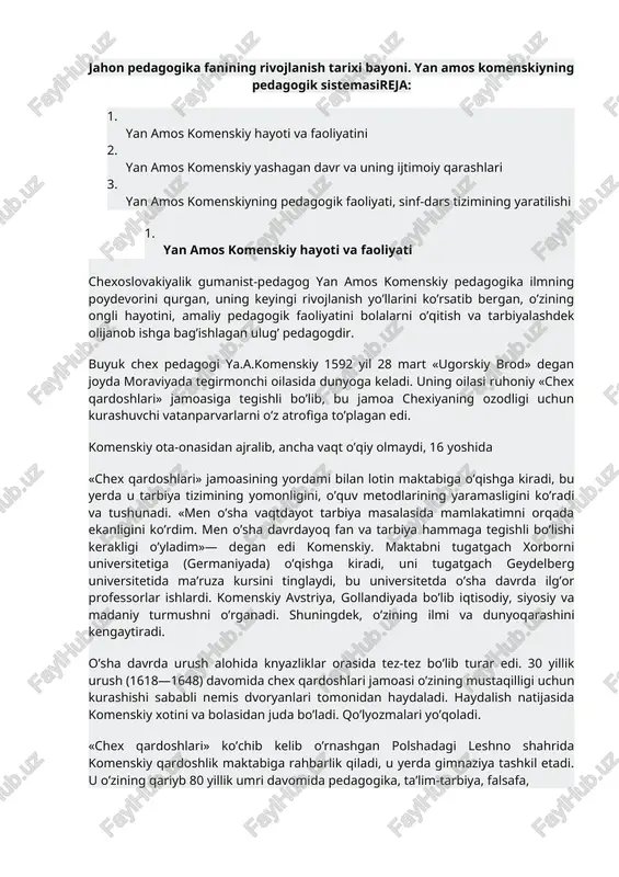 yan amos komenskiyning pedagogik faoliyati — DOCX