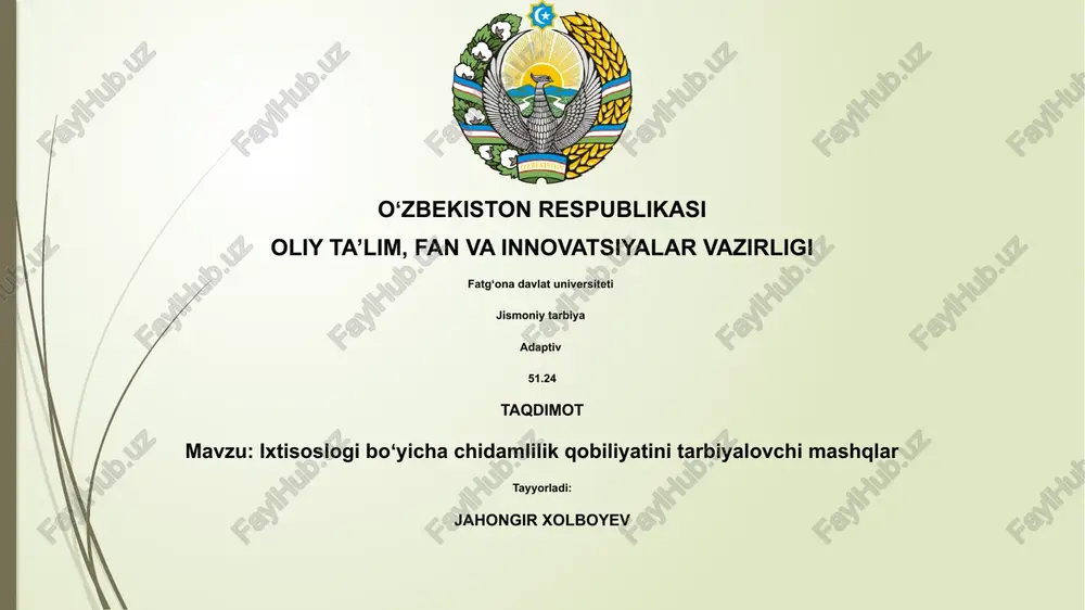 ixtisoslogi boʻyicha chidamlilik qobiliyatini tarbiyalovchi mashqlar — PPTX