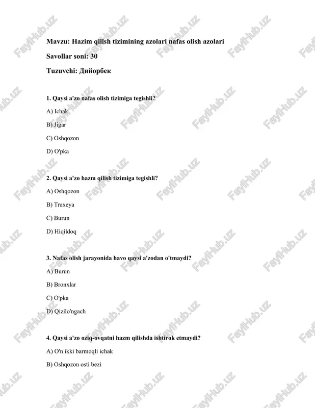 hazim qilish tizimining azolari nafas olish azolari — DOCX
