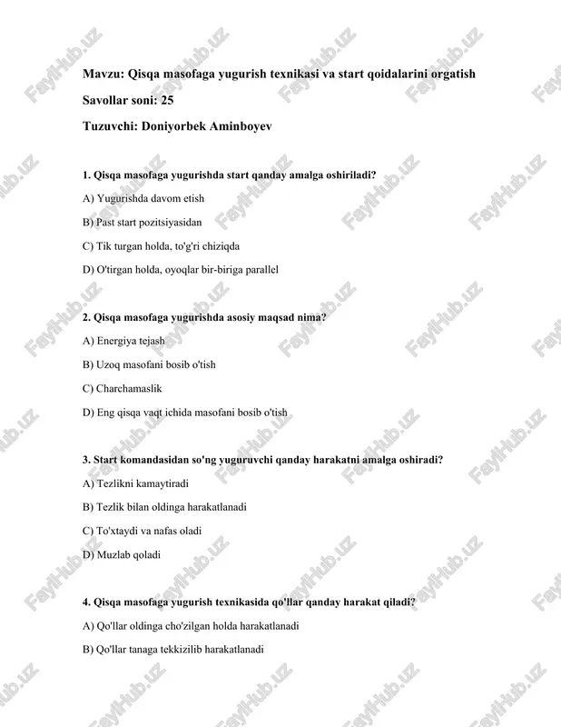 qisqa masofaga yugurish texnikasi va start qoidalarini orgatish — DOCX