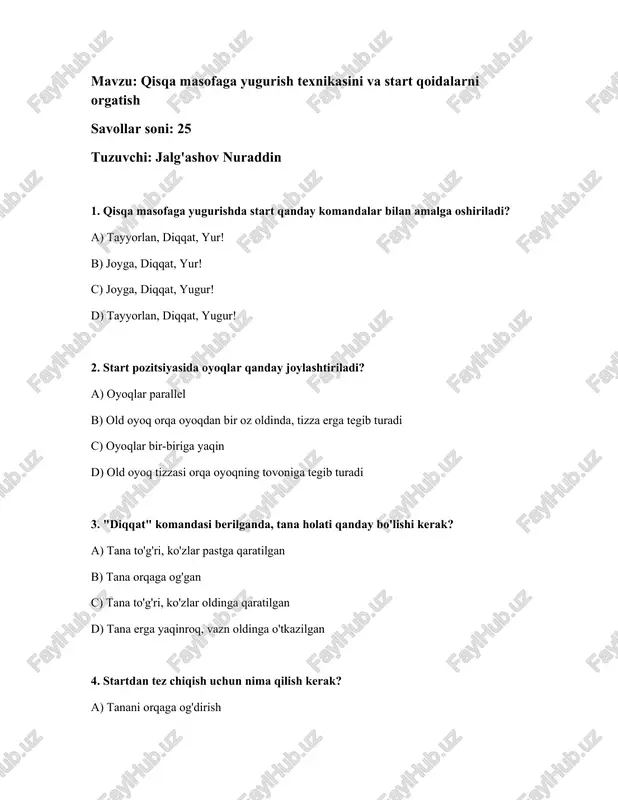 qisqa masofaga yugurish texnikasi va start qoidalarni orgatish — DOCX