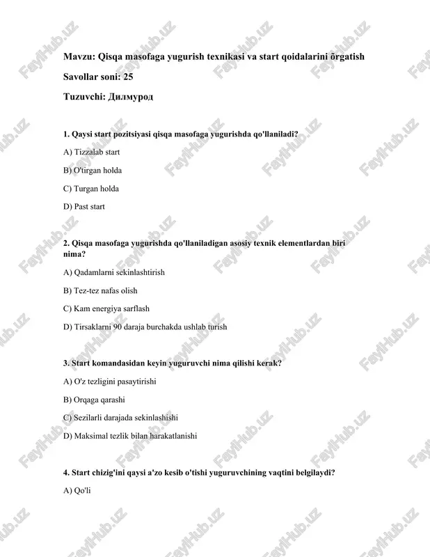 qisqa masofaga yugurish texnikasi va start qoidalarini õrgatish — DOCX