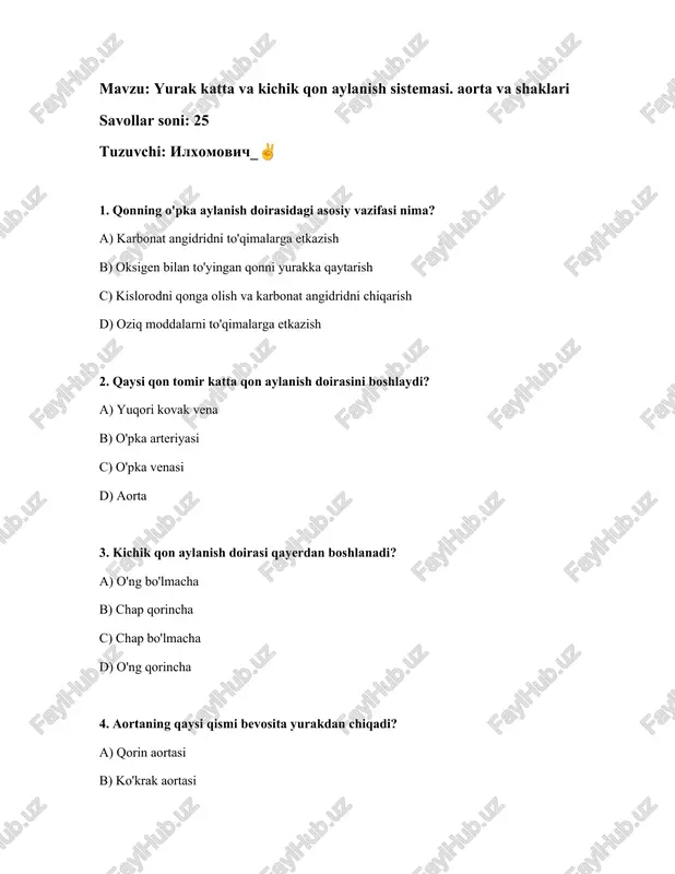 yurak katta va kichik qon aylanish sistemasi — DOCX
