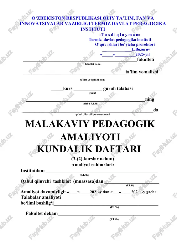 malakaviy pedagogik amaliyoti kundalik daftari — DOCX
