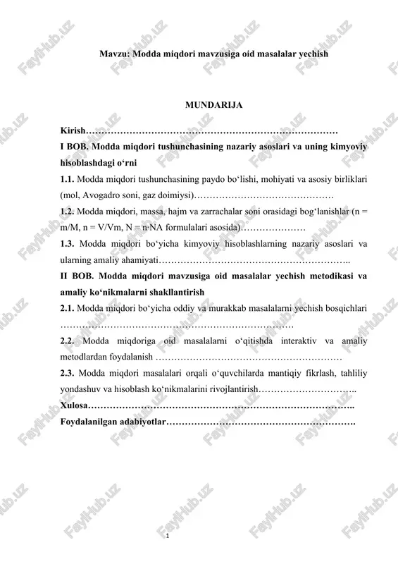 modda miqdori mavzusiga oid masalalar yechish — DOCX