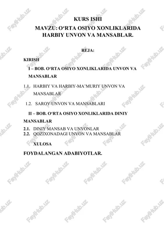 oʻrta osiyo xonliklarida harbiy unvon va mansablar — DOCX