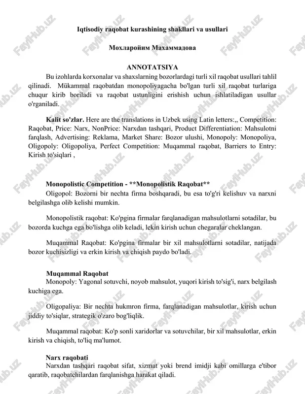 iqtisodiy raqobat kurashining shakllari va usullari — DOCX
