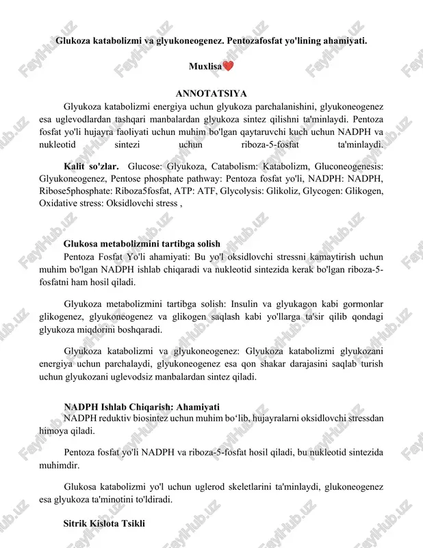 glukoza katabolizmi va glyukoneogenez — DOCX