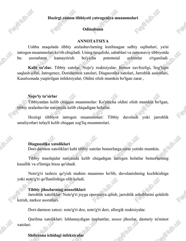 hozirgi zamon tibbiyoti yatrogeniya muammolari — DOCX