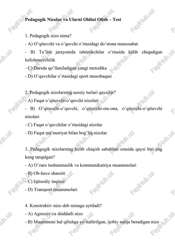 pedagogik nizolar va ularni oldini olish – test — DOCX