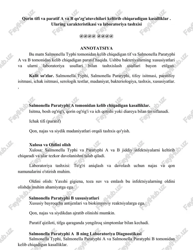 salmonella paratyphi a va b qo'zg'atuvchilari kasalliklari — DOCX