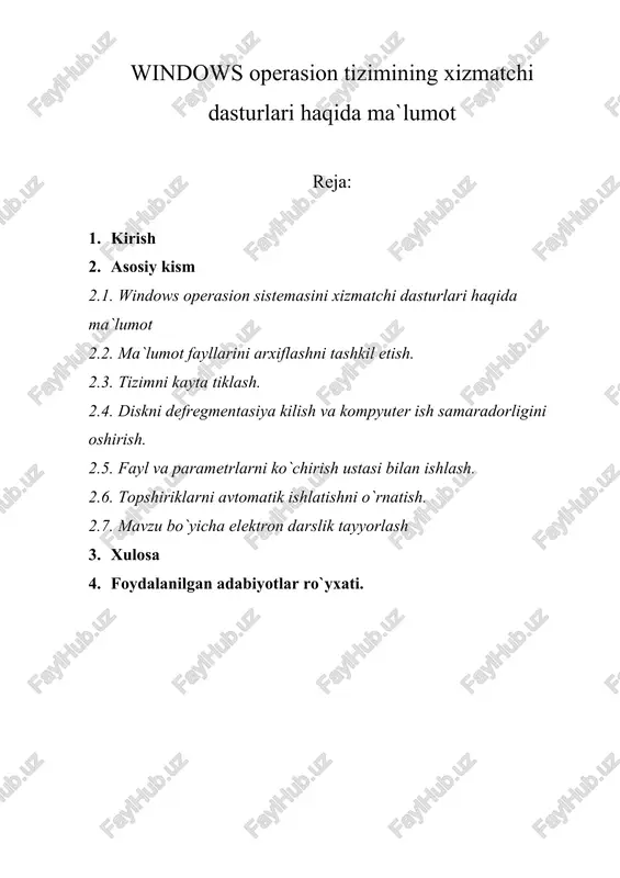 windows operasion tizimining xizmatchi dasturlari — DOC