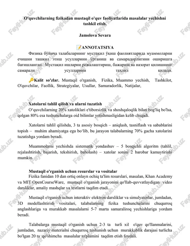 mustaqil o'quv faoliyatlarida fizika — DOCX