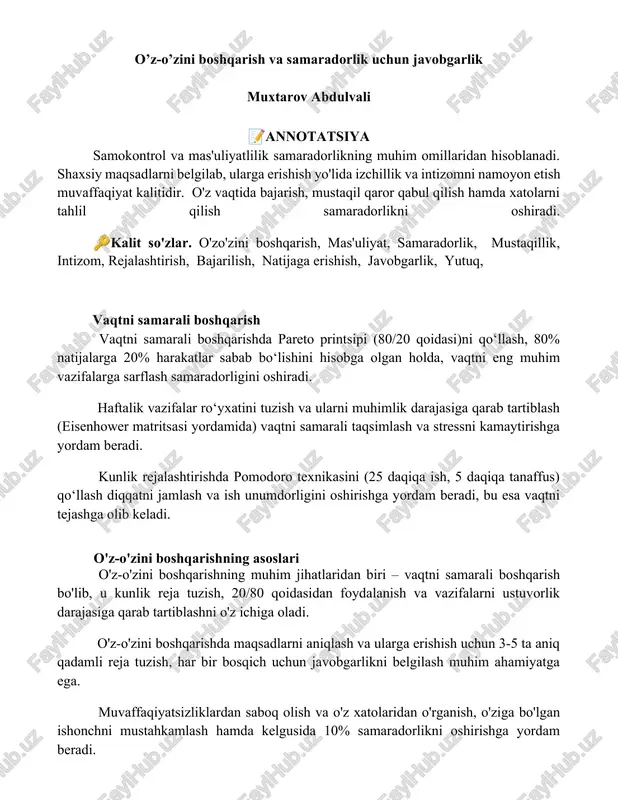 o'z-o'zini boshqarish va samaradorlik uchun javobgarlik — DOCX