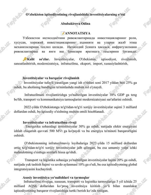 investitsiyalar va barqaror rivojlanish — DOCX
