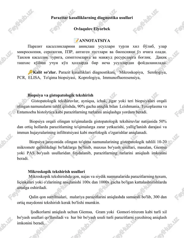 parazitar kasalliklarning diagnostika usullari — DOCX