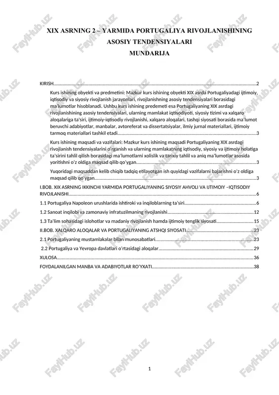 xix asrning 2 – yarmida portugaliya rivojlanishining asosiy tendensiyalari — DOC