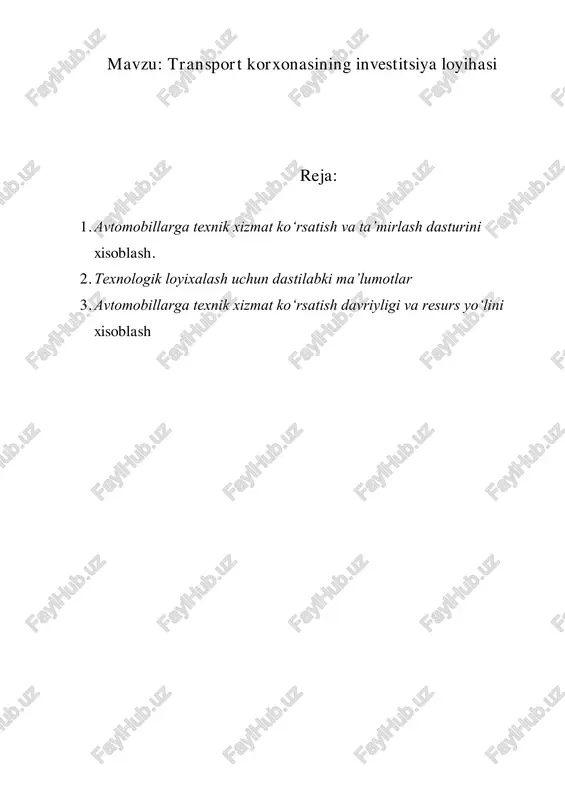 transport korxonasining investitsiya loyihasi — PDF