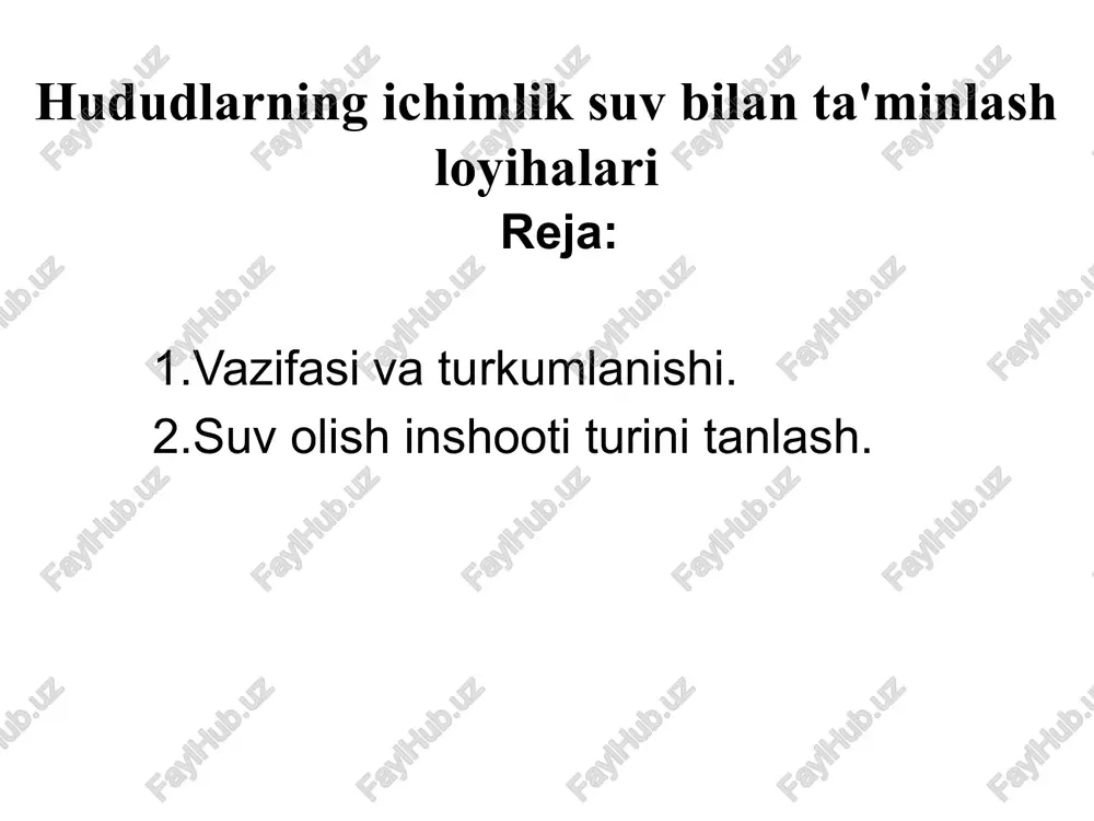 hududlarningichimliksuvbilanta'minlashloyihalari — PPTX