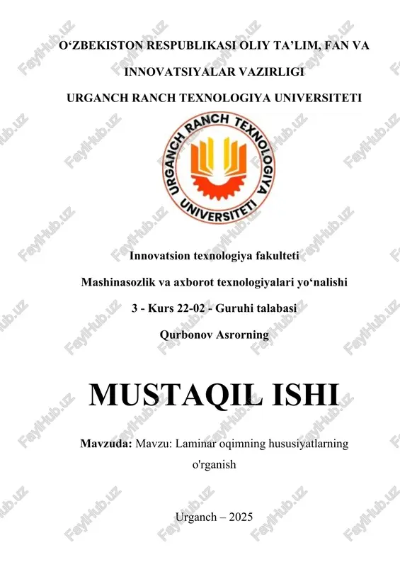 laminar oqimning hususiyatlarning o'rganish — DOCX