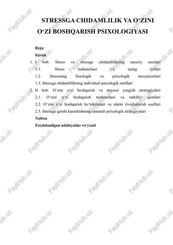 stressga chidamlilik va o‘zini o‘zi boshqarish psixologiyasi — DOCX