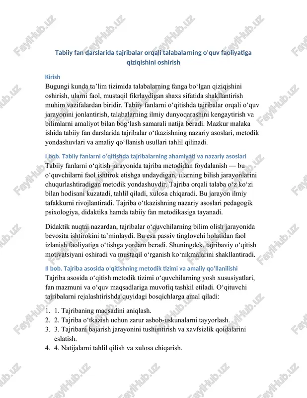 tabiiy fan darslarida tajribalar orqali o‘qitish metodikasi — DOCX