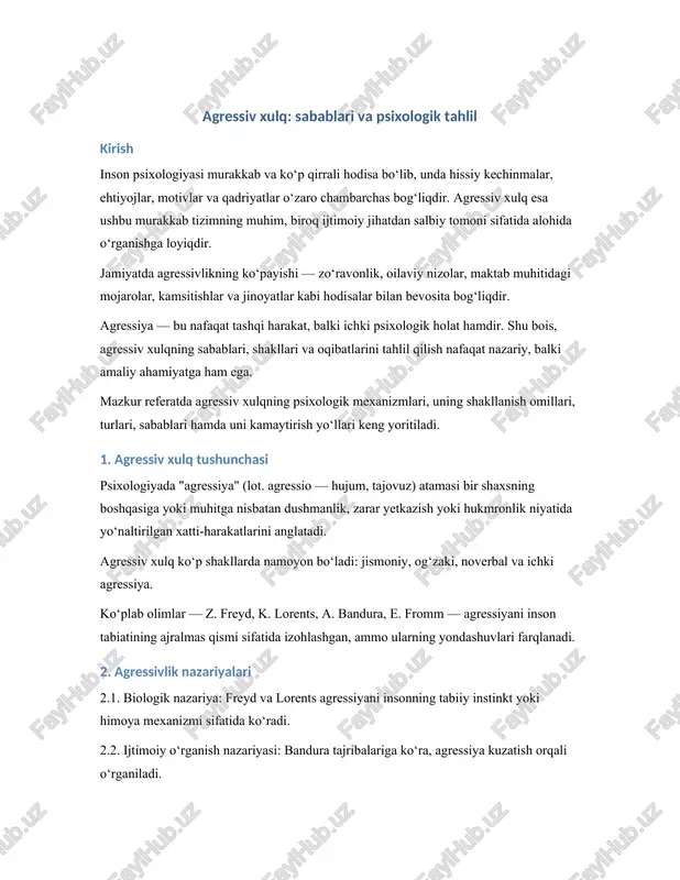 agressiv xulq: sabablari va psixologik tahlil — DOCX