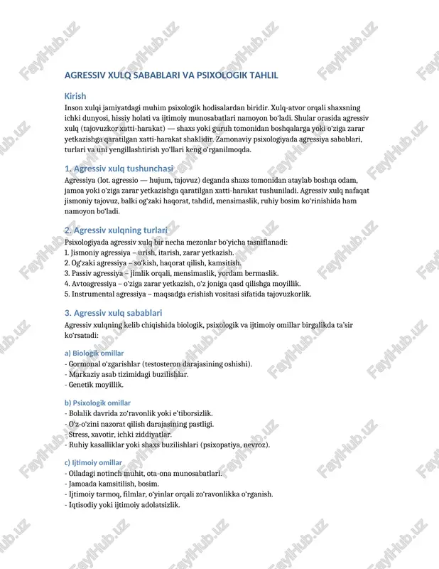 agressiv xulq sabablari va psixologik tahlil — DOCX