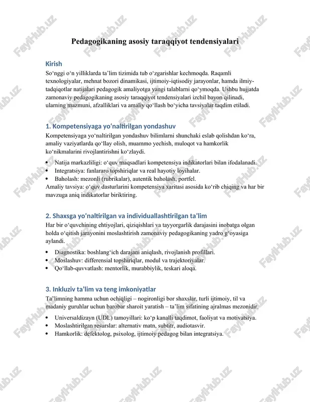 pedagogikaning asosiy taraqqiyot tendensiyalari — DOCX