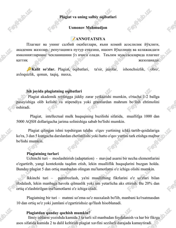 plagiat va uning salbiy oqibatlari — DOCX