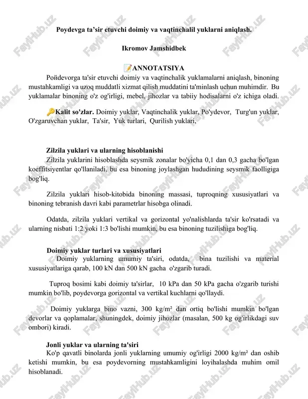 po'ydevorga ta'sir etuvchi doimiy va vaqtinchalik yuklarni aniqlash — DOCX