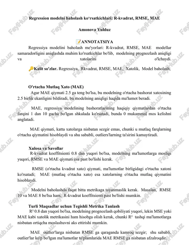 regression modelni baholash ko‘rsatkichlari — DOCX