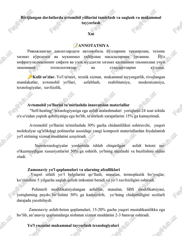 avtomobil yo'llari ta'mirlash va saqlash — DOCX