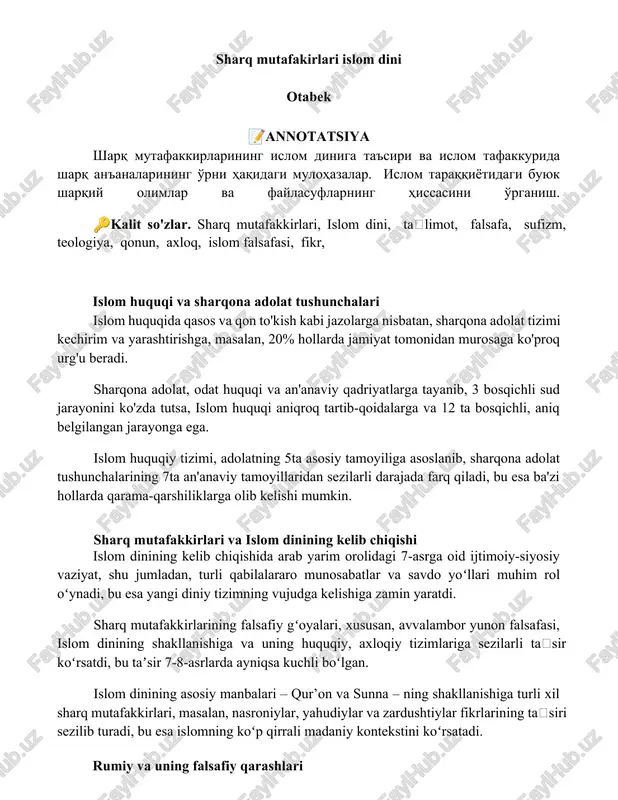 sharq mutafakirlari islom dini — DOCX