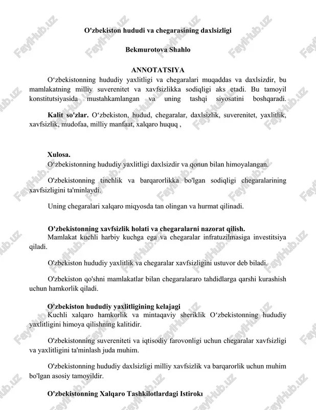 o'zbekiston hududi va chegarasining daxlsizligi — DOCX