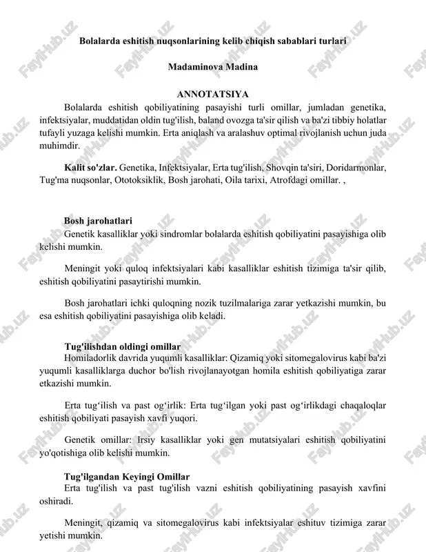 bolalarda eshitish nuqsonlarining kelib chiqish sabablari turlari — DOCX
