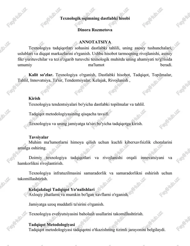 texnologik oqimning dastlabki hisobi — DOCX
