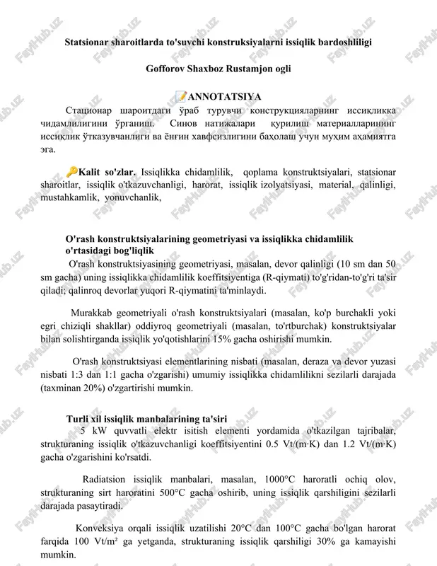 statsionar sharoitlarda to'suvchi konstruksiyalarni issiqlik bardoshliligi — DOCX